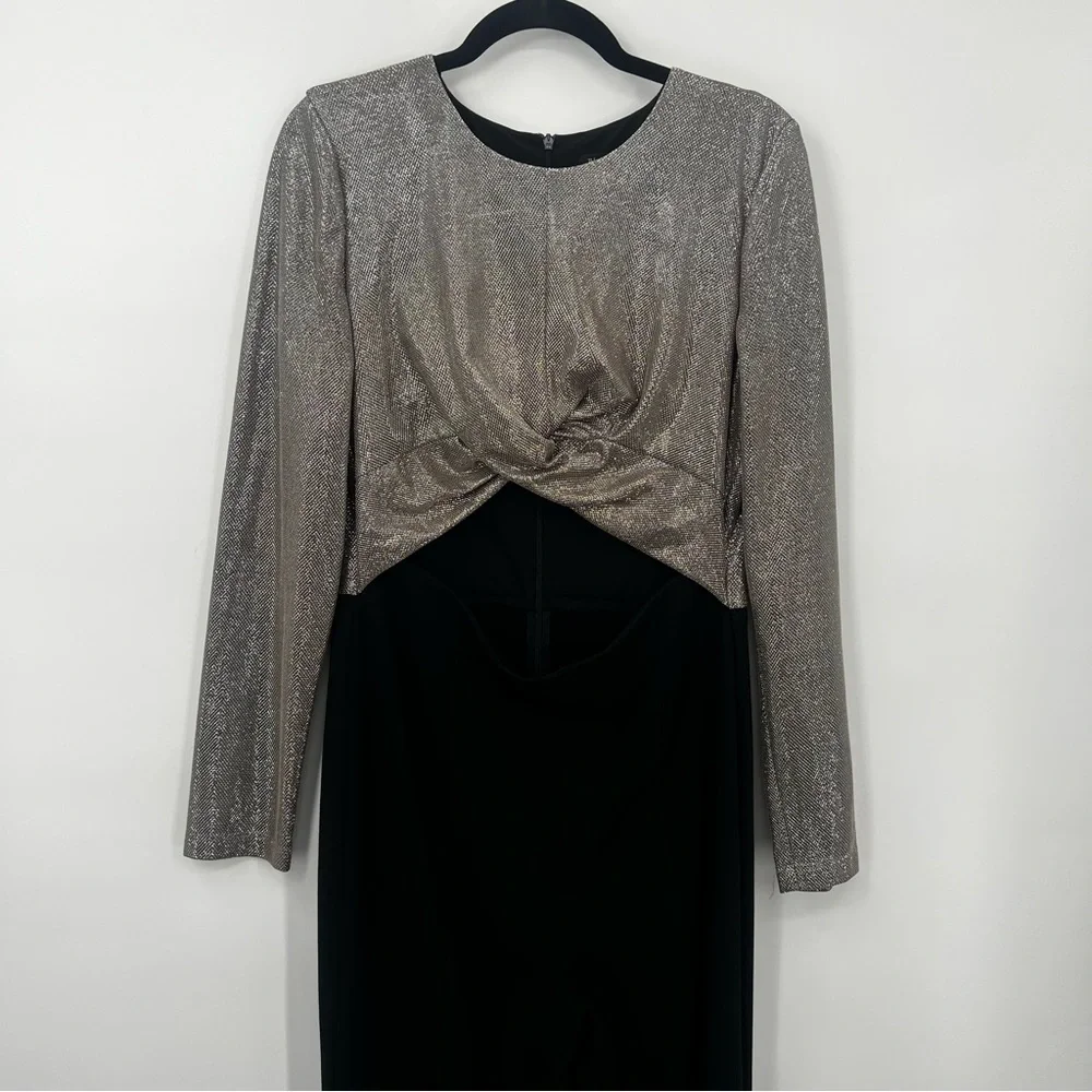 Black Halo Angie Flared Leg Jumpsuit Cutout Metallic Silver Bodice Romper 12 - Picture 13 of 17